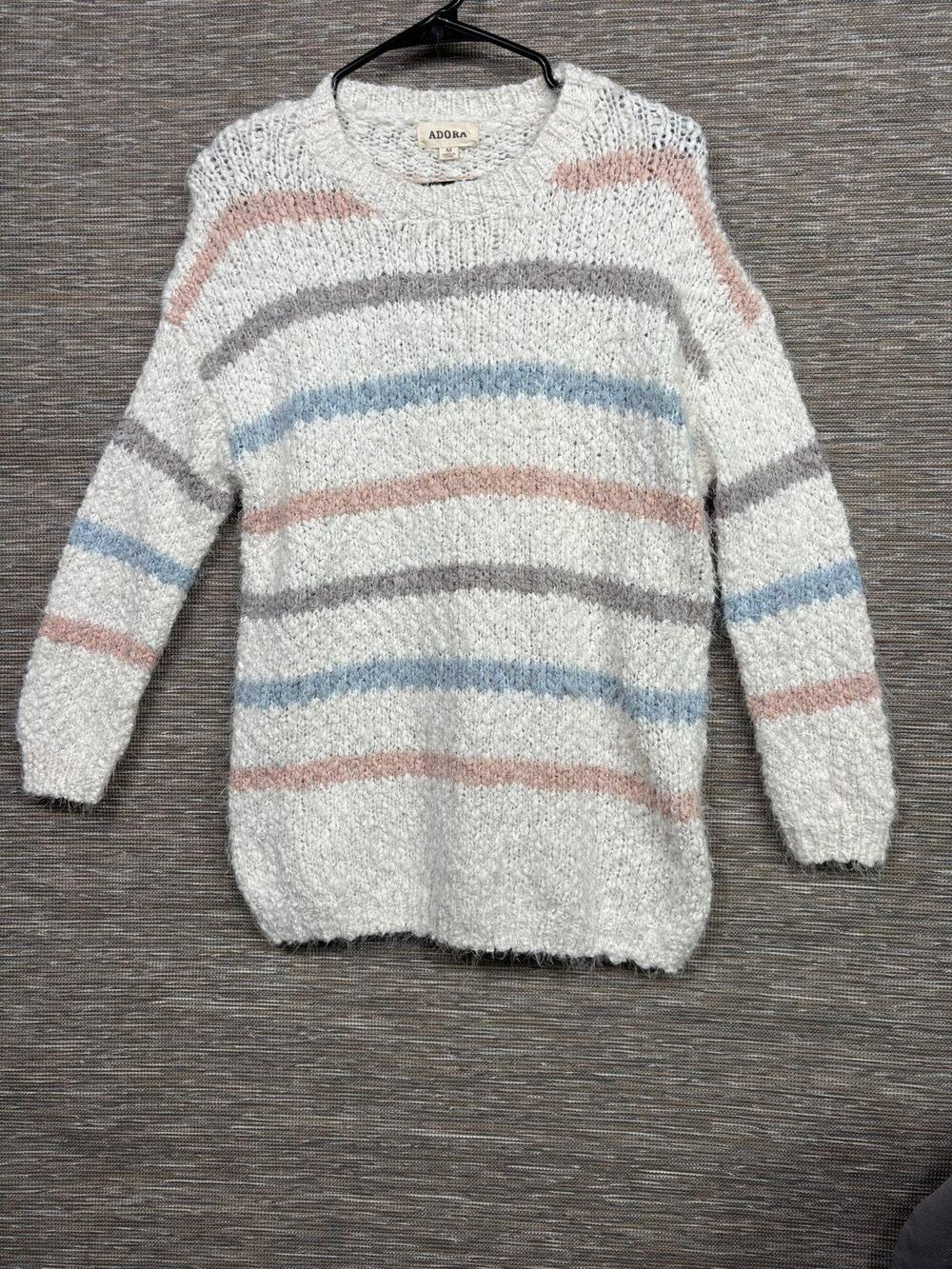 Adora Sweater Womens Medium White Pastel Stripe Soft Fuzzy Knit Crew Pullover